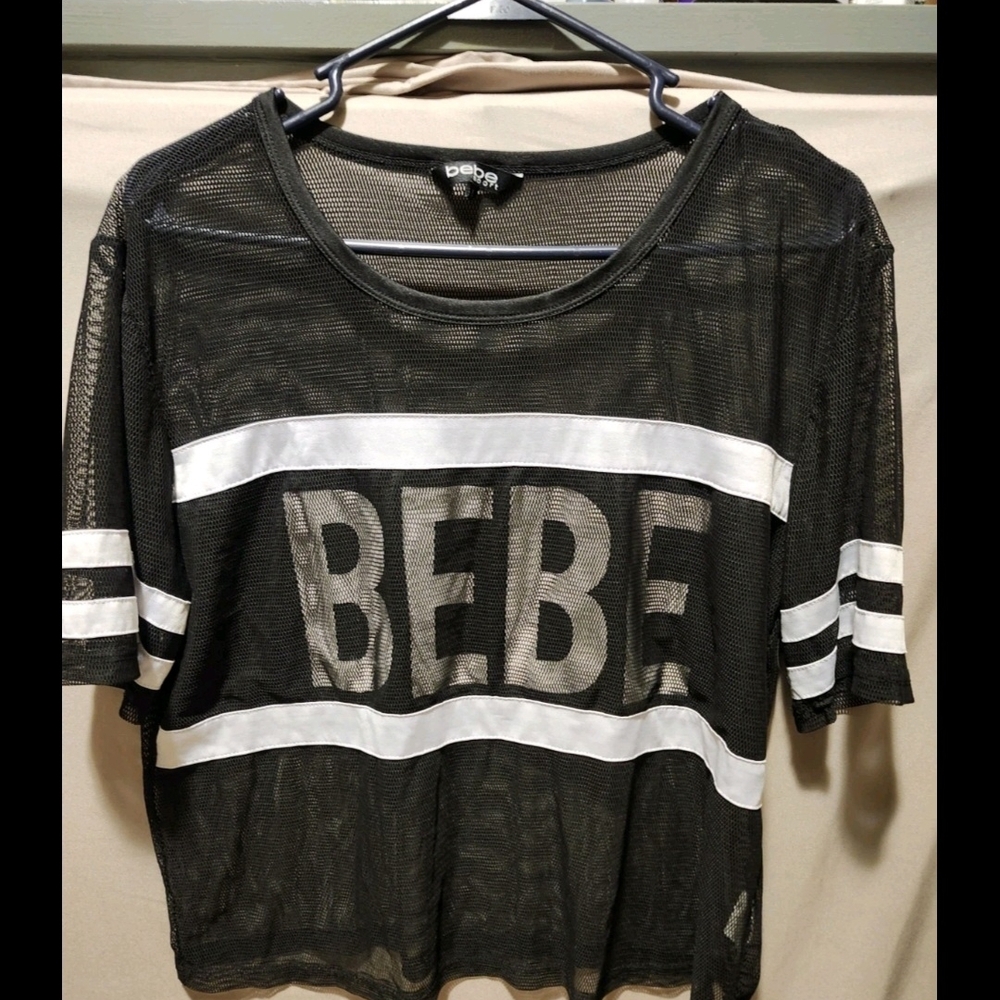 Bebe Black Mesh Crop Top with White Accents